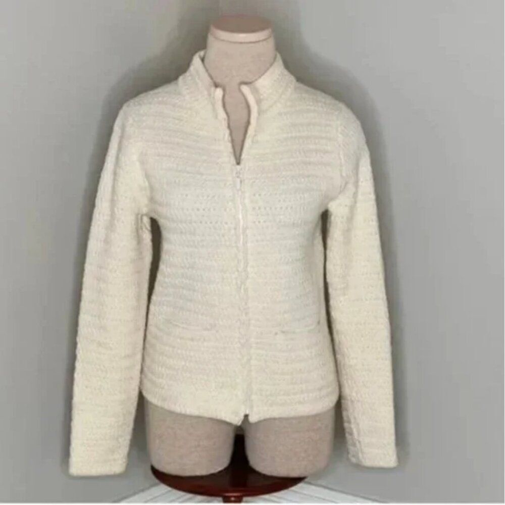 Eileen Fisher Knit Front Zip Pockets Cream Colored Wool Blend Sweater Size Small